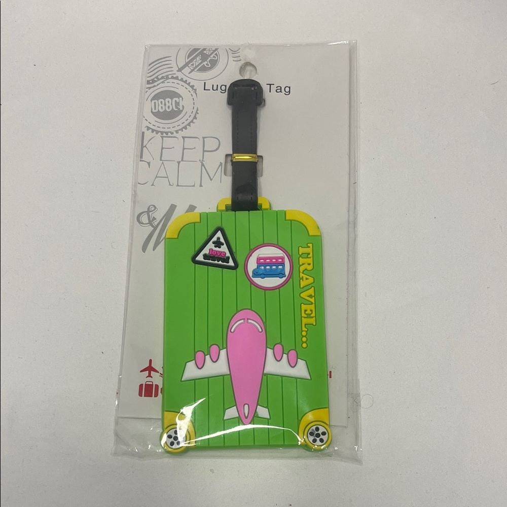 Green Luggage Tag with Airplane Design